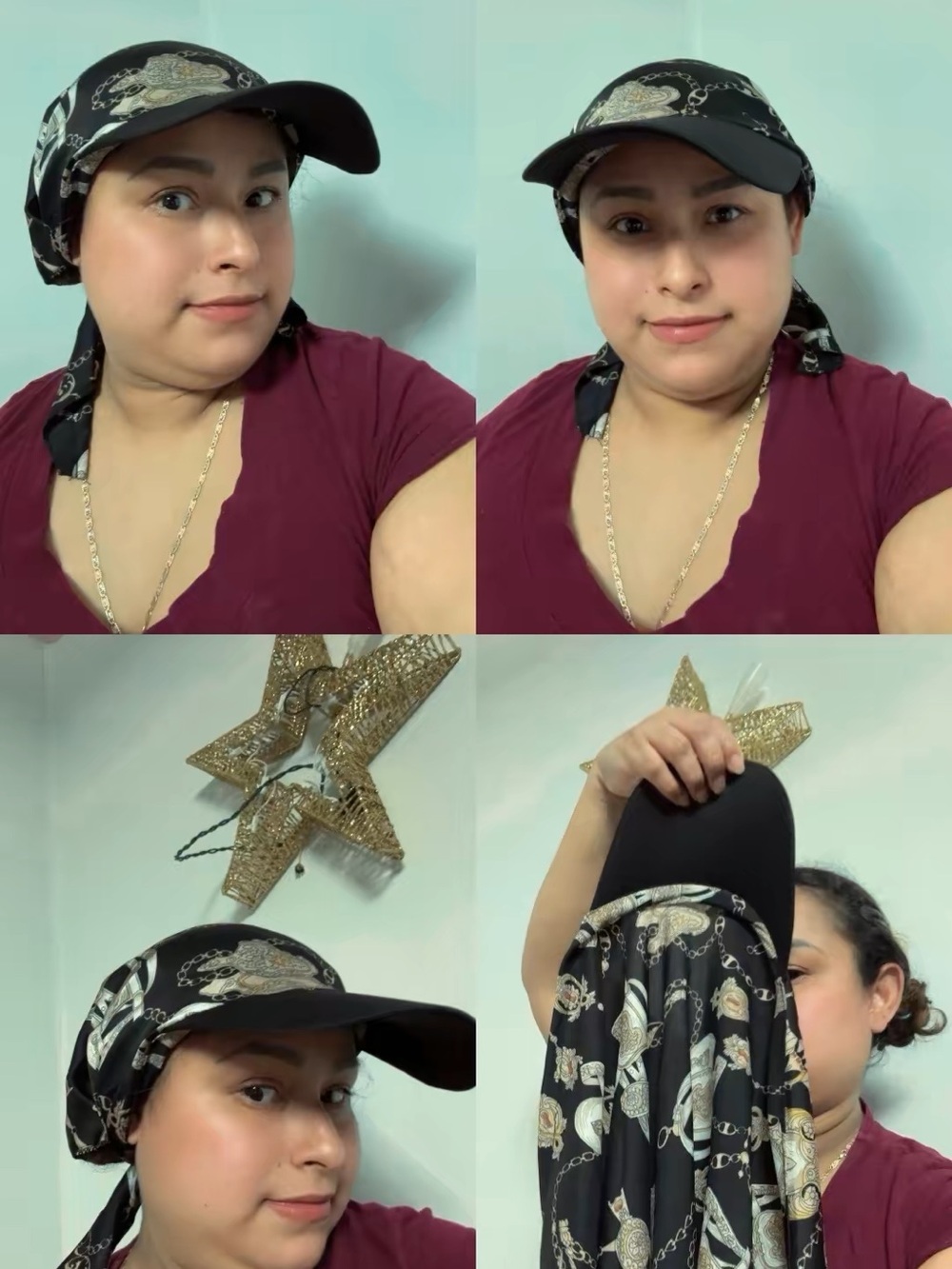 Women Black Patterned Cap with Scarf - Unbranded